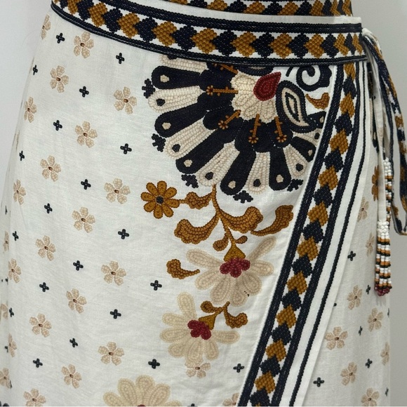 Farm Rio Flower Fan Tapestry Wrap Midi Skirt Linen Embroidered Small Boho Beachy - Picture 9 of 15